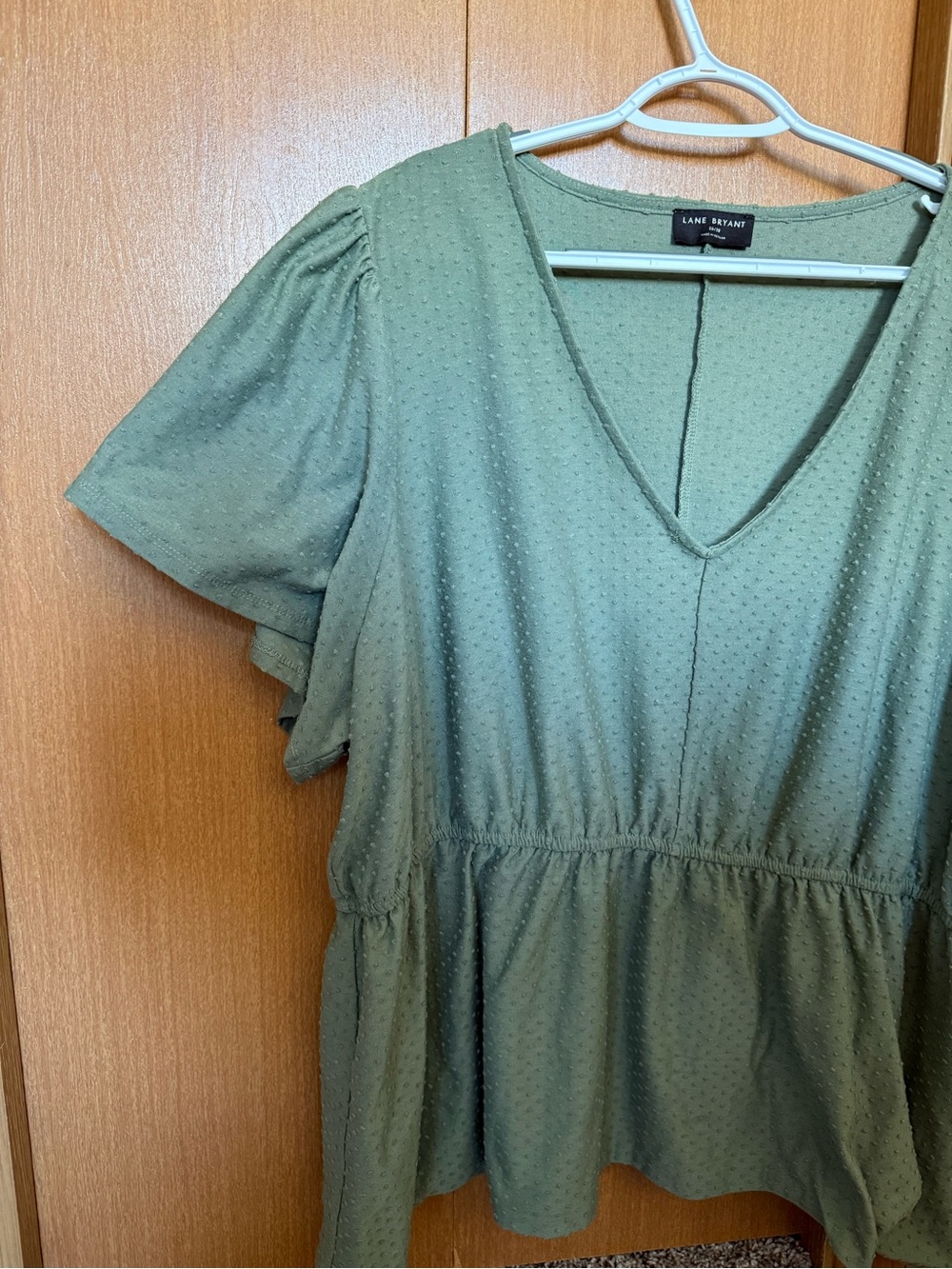 Lane Bryant Olive Green V-Neck Peplum Blouse with Flutter Sleeves - Picture 3 of 5